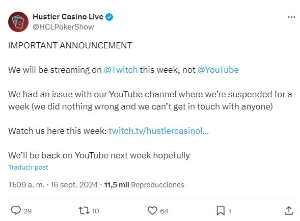 ¿Hustler Casino Live se despide de su canal en YouTube?