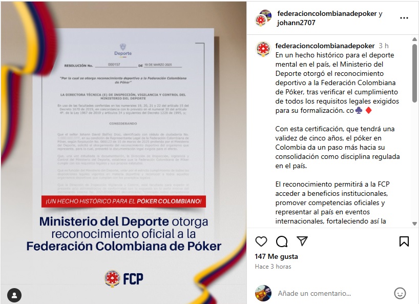 La Federación Colombiana de Poker ya tiene reconocimiento deportivo