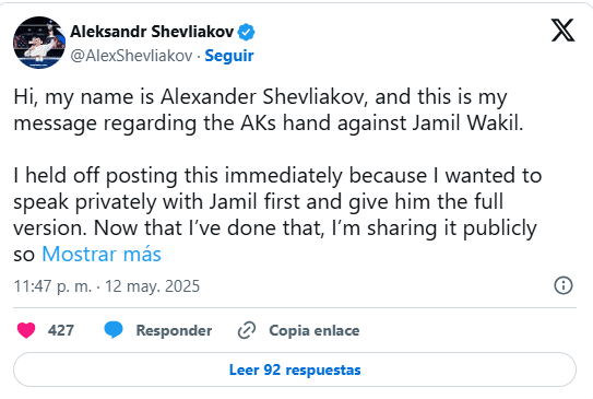 Shevliakov afirma que no actuó con intenciones ocultas en la definición del EPT Montecarlo